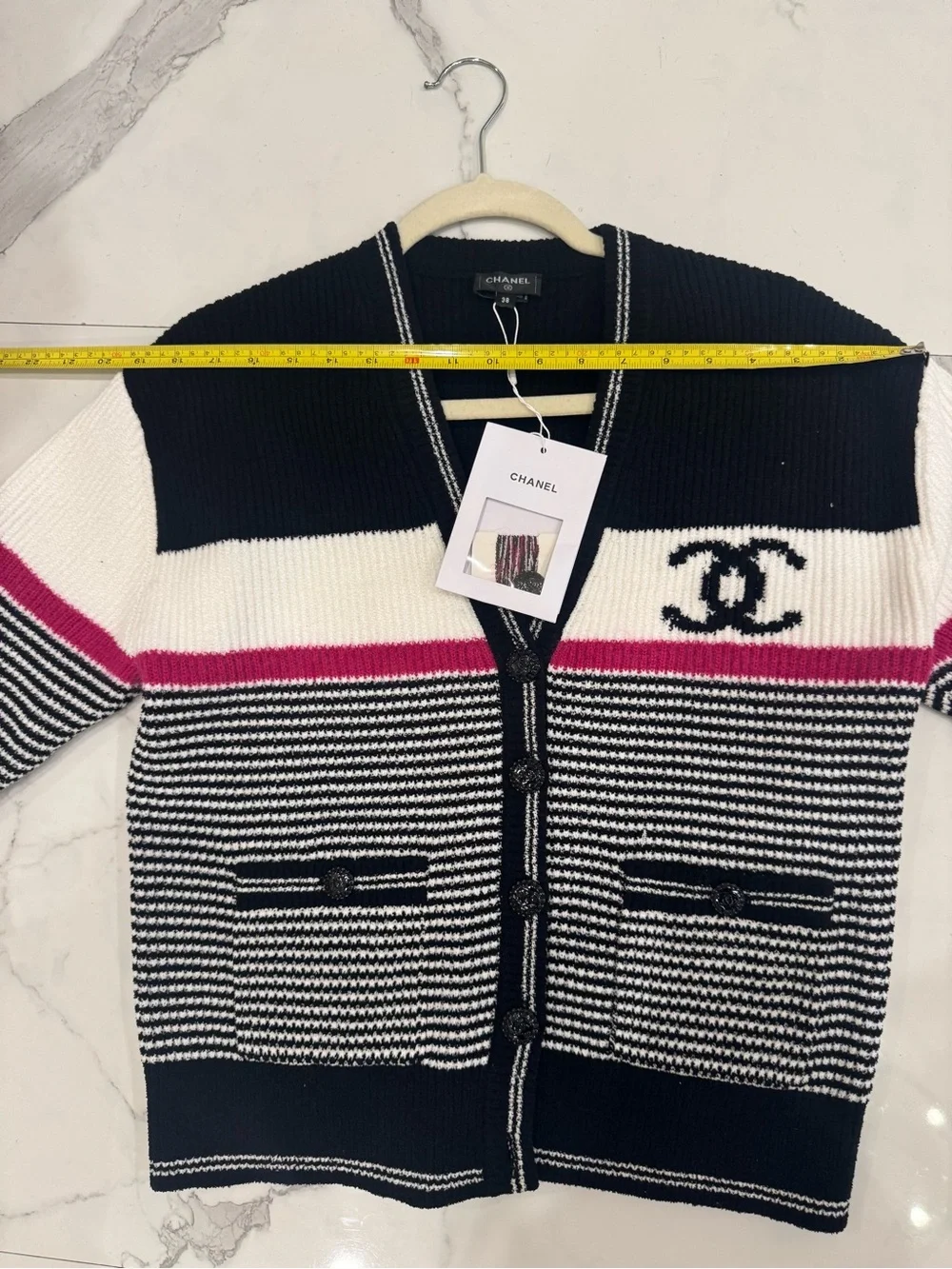 Black, White & Pink Striped Knit Cardigan With CC Logo